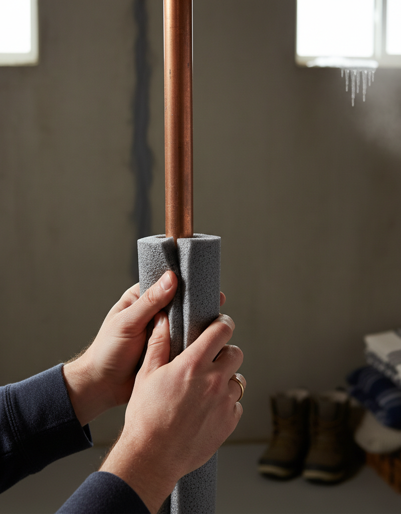 Homeowner insulating a copper pipe in a basement to prevent freezing.