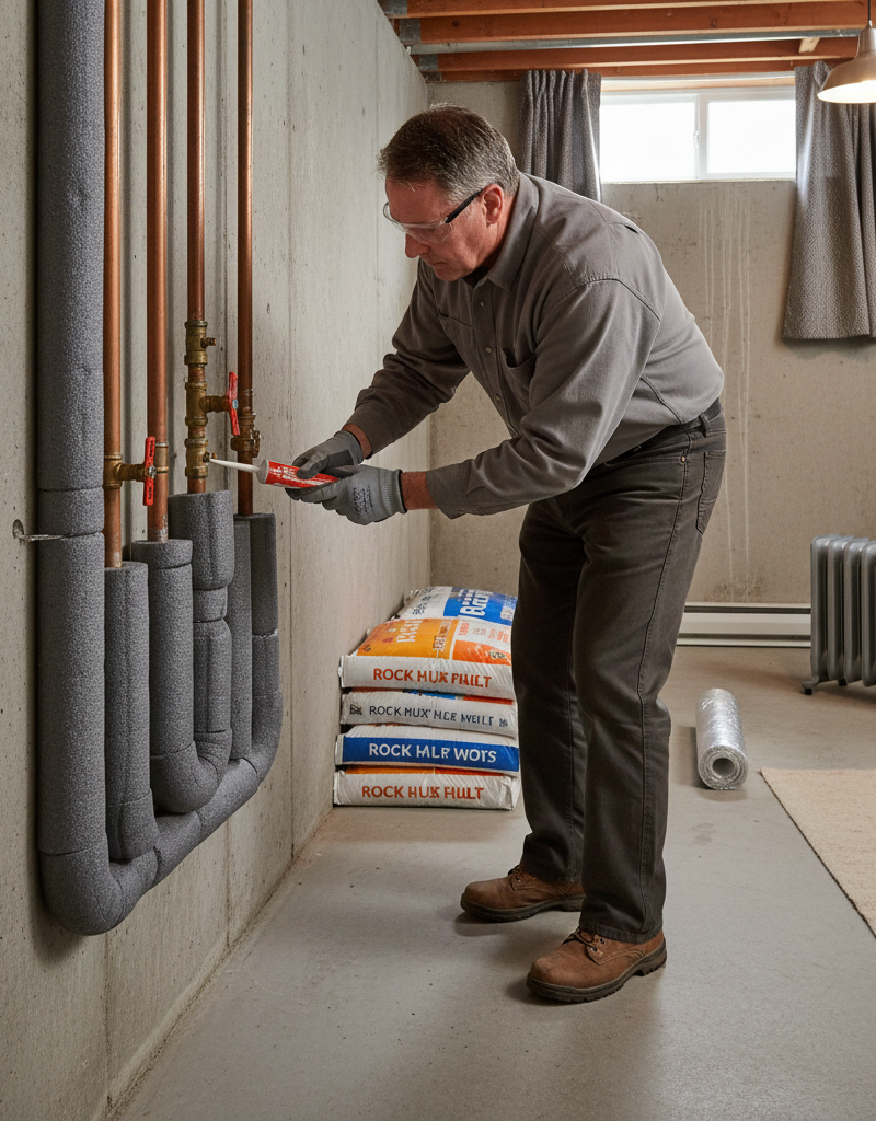 Homeowner insulating exposed water pipes in a basement with foam and sealing a rim joist to prevent freezing in winter.