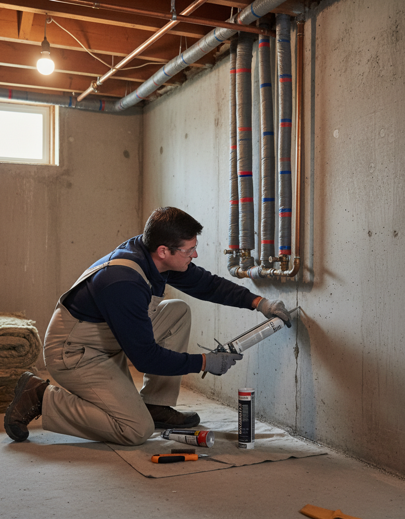 Homeowner sealing a foundation crack to prevent frozen pipes in a basement.
