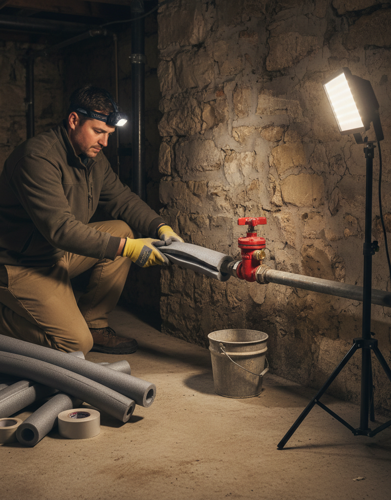 Homeowner insulating a basement water pipe to prevent freezing, with an outdoor spigot shut-off valve visible