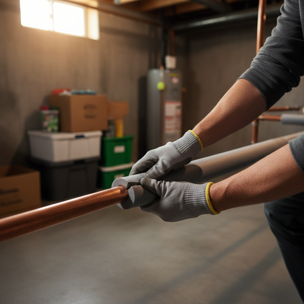 Hands wrapping a copper pipe with grey foam insulation in a basement
