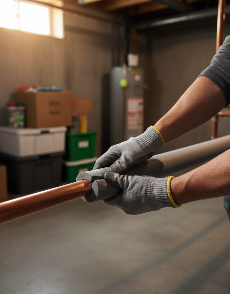 Hands wrapping a copper pipe with grey foam insulation in a basement