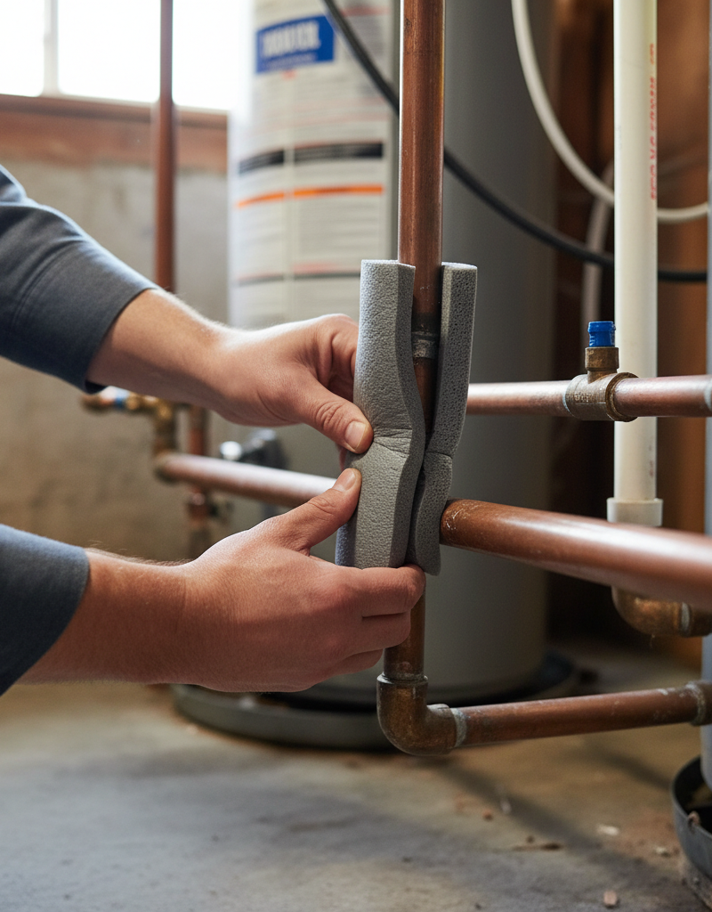 Homeowner insulating an exposed water pipe with foam sleeves to prevent freezing