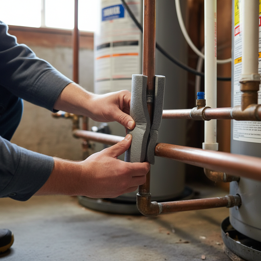 Homeowner insulating an exposed water pipe with foam sleeves to prevent freezing