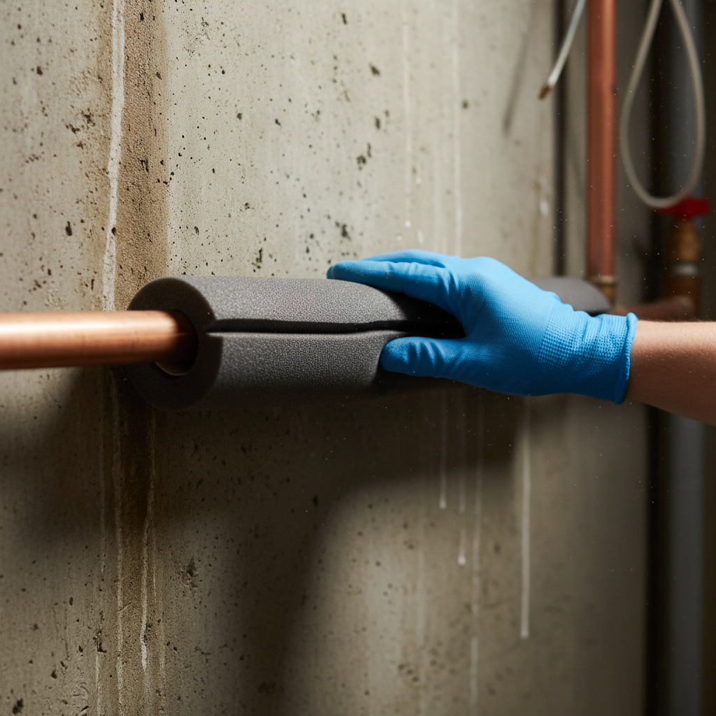Homeowner installing foam insulation on a copper water pipe in a basement to prevent freezing.