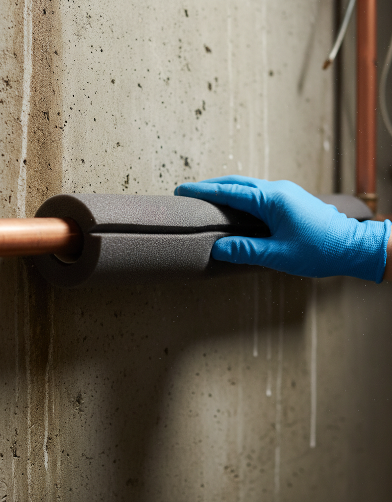 Homeowner installing foam insulation on a copper water pipe in a basement to prevent freezing.