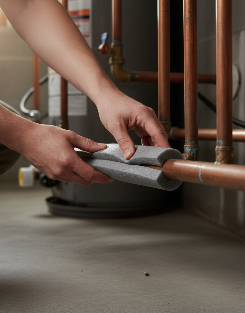 Homeowner installing foam insulation on a copper water pipe in a basement to prevent freezing.