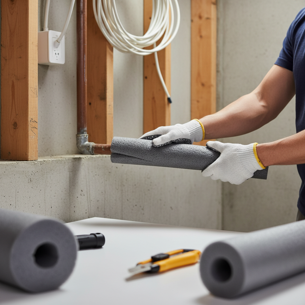 Homeowner insulating a water pipe with foam in a basement to prevent freezing