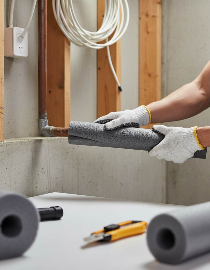 Homeowner insulating a water pipe with foam in a basement to prevent freezing