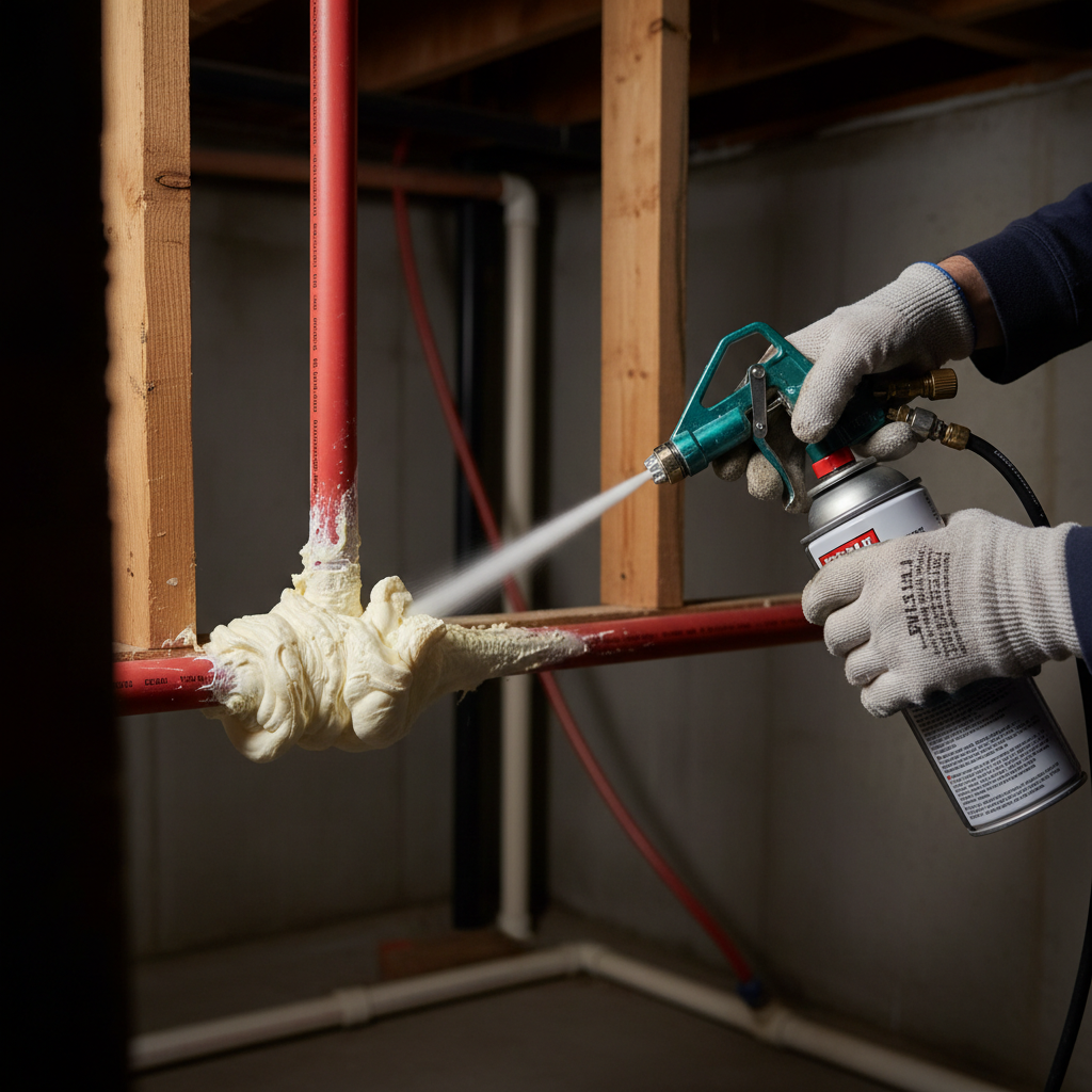 Homeowner applying foam insulation to a pipe to prevent freezing in a cold basement