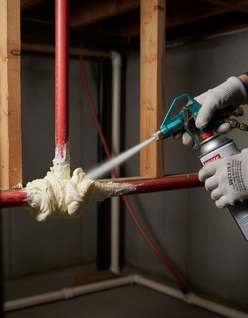 Homeowner applying foam insulation to a pipe to prevent freezing in a cold basement