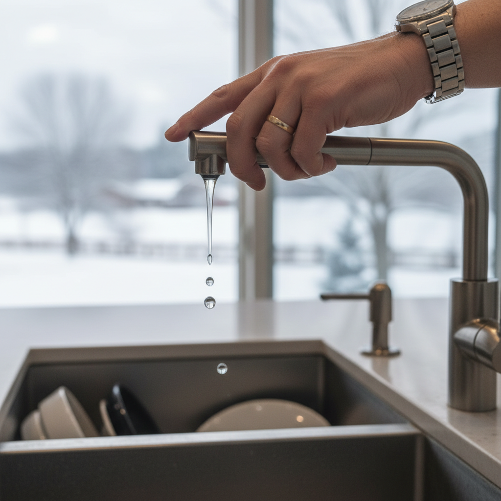 Person's hand adjusting a kitchen faucet to a slow drip to prevent pipes from freezing in winter.