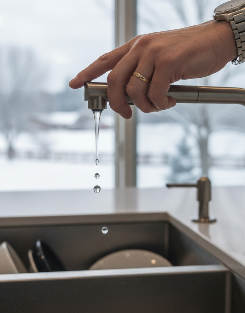 Person's hand adjusting a kitchen faucet to a slow drip to prevent pipes from freezing in winter.