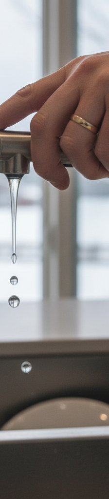 Person's hand adjusting a kitchen faucet to a slow drip to prevent pipes from freezing in winter.