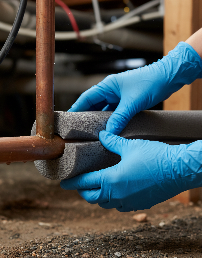 Hands applying foam pipe insulation to a copper water pipe in a cold basement