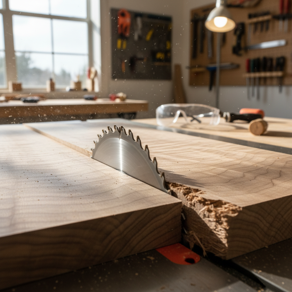 Close-up of hardwood with severe grain tear-out next to a clean cut, illustrating the problem.
