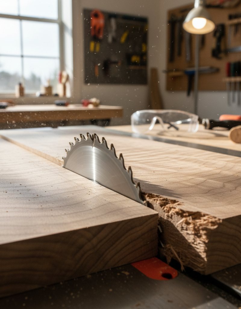 Close-up of hardwood with severe grain tear-out next to a clean cut, illustrating the problem.