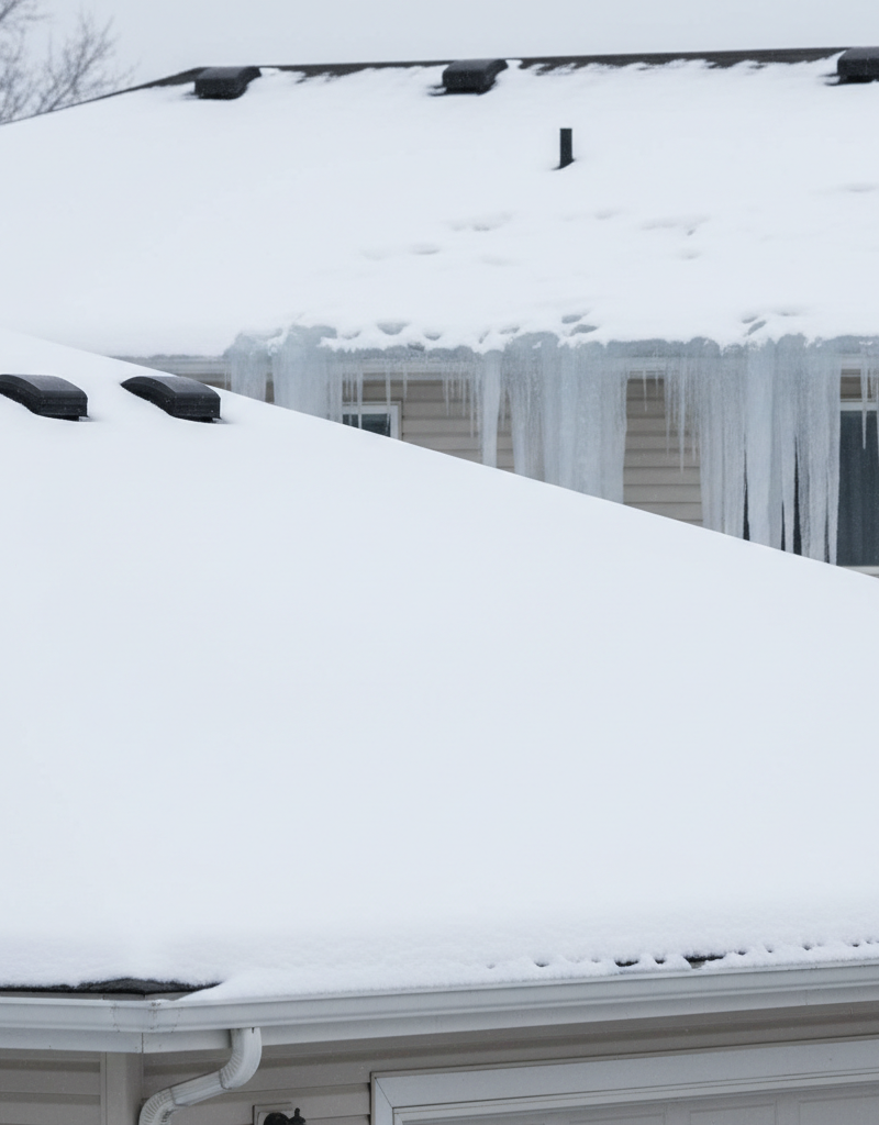 A clean, snowy roof with proper ventilation, contrasting with a neighboring house showing large ice dams