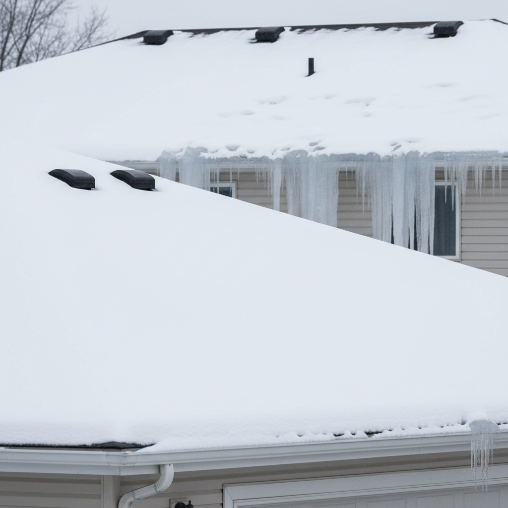 A clean, snowy roof with proper ventilation, contrasting with a neighboring house showing large ice dams