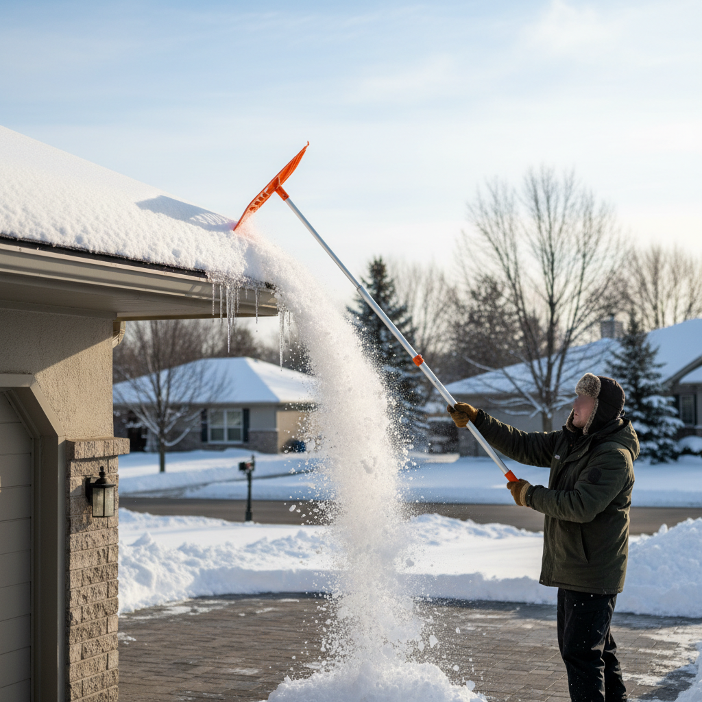 Homeowner safely using a roof rake to clear snow from the lower edge of a house roof, preventing ice dams.