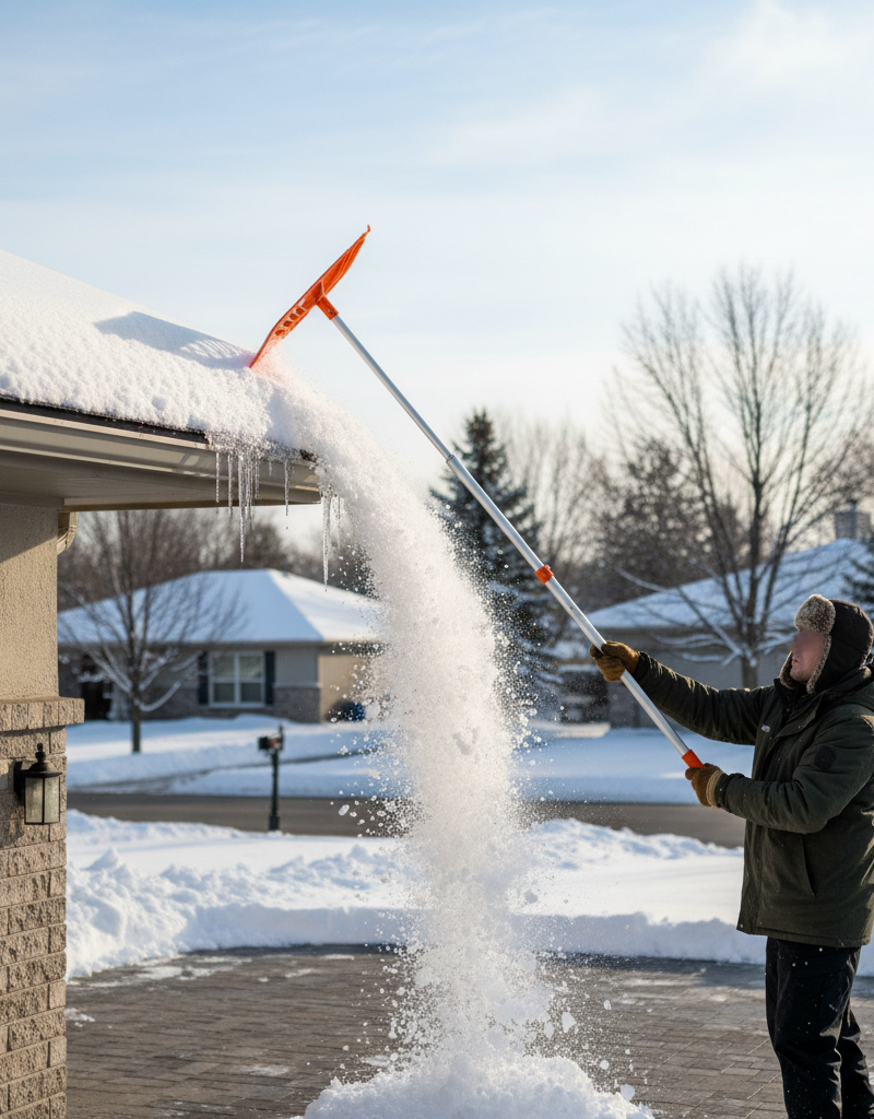 Homeowner safely using a roof rake to clear snow from the lower edge of a house roof, preventing ice dams.