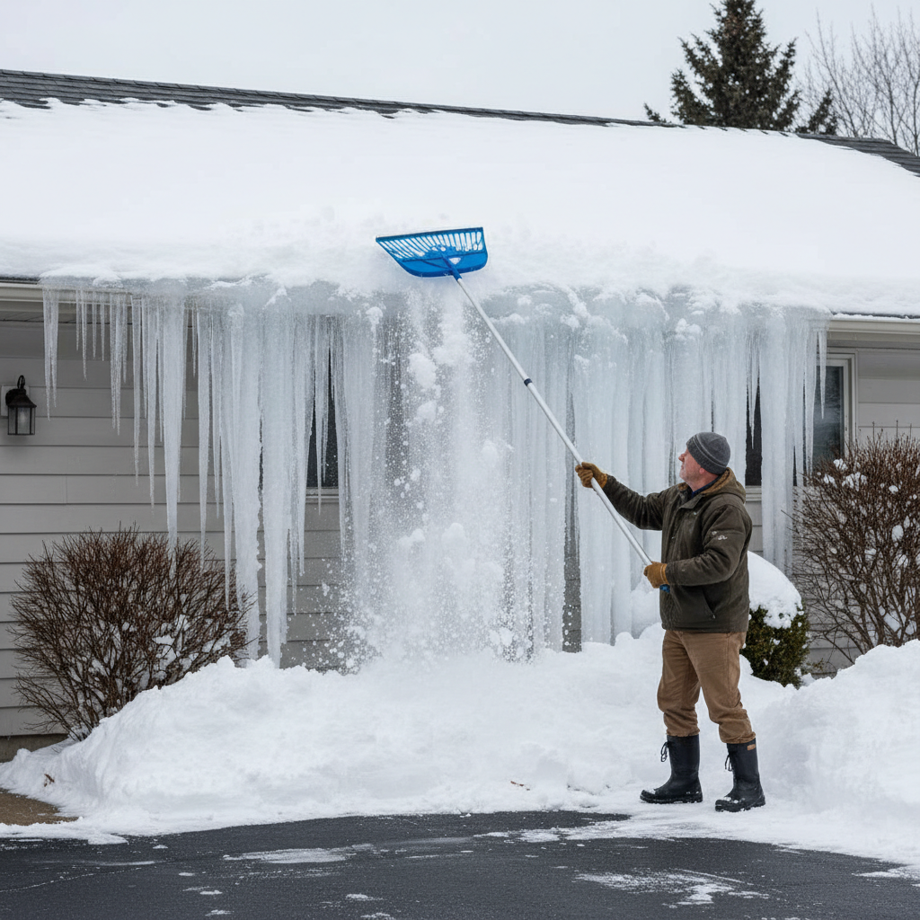 Homeowner safely removing snow from a roof with a long-handled rake to prevent ice dams.