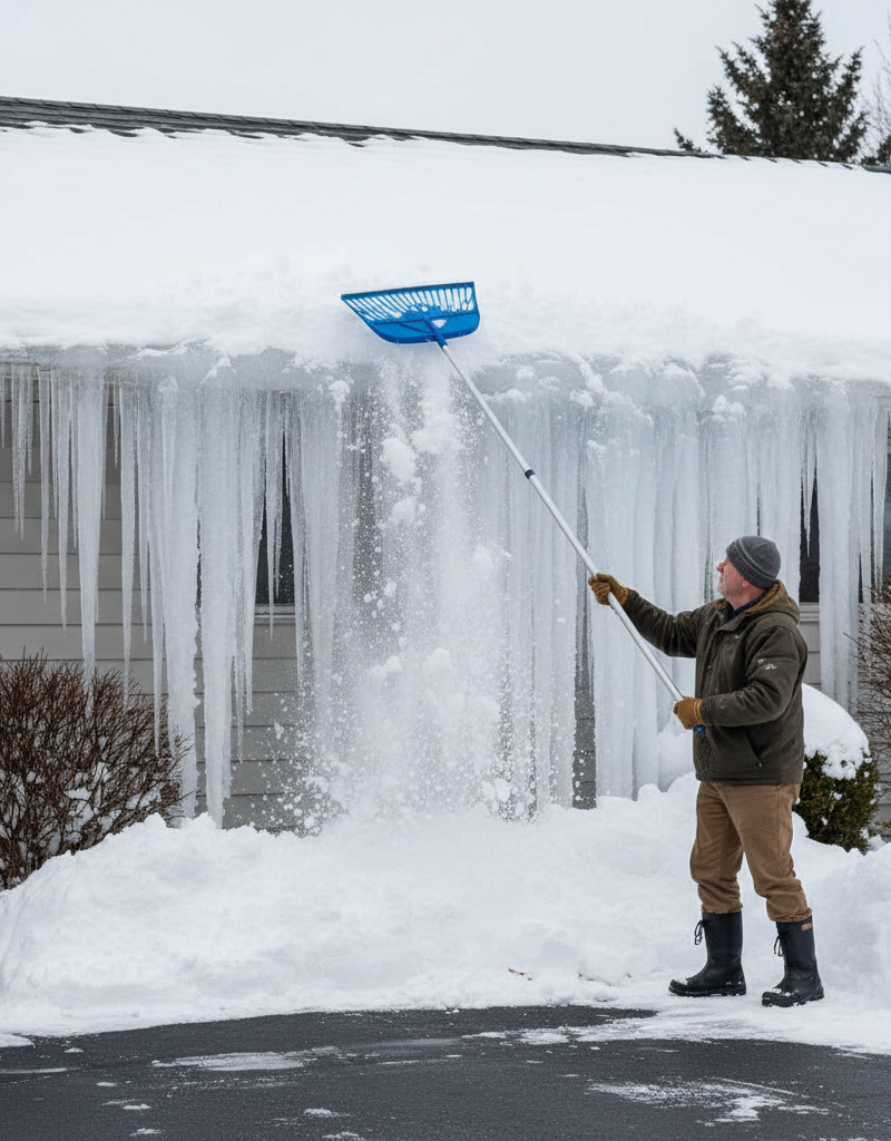 Homeowner safely removing snow from a roof with a long-handled rake to prevent ice dams.