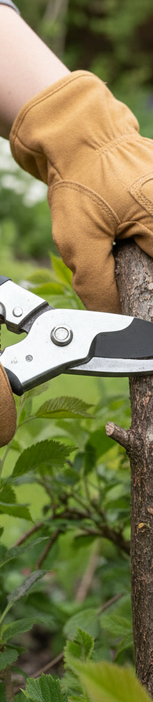 Person in gardening gloves cutting an overgrown shrub branch with bypass pruners