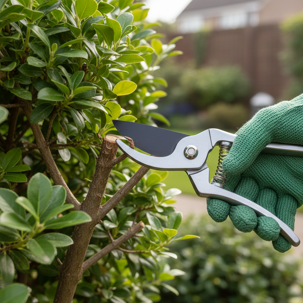 Homeowner uses bypass pruners to make a precise thinning cut on an overgrown shrub branch, showing good pruning technique.