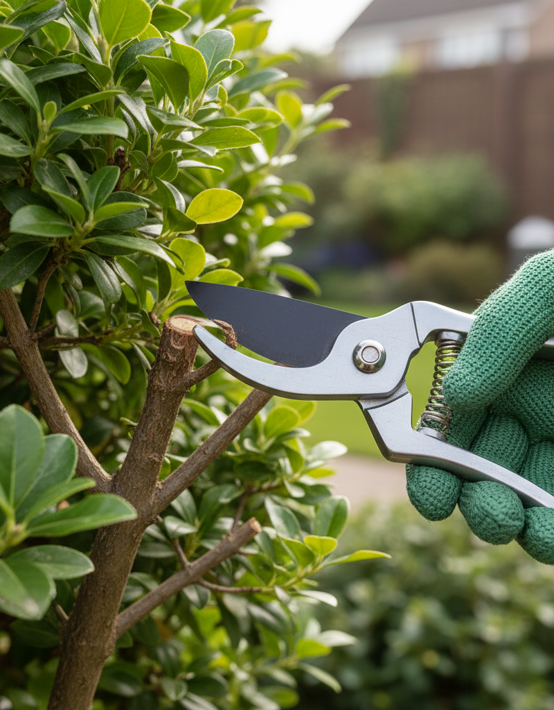 Homeowner uses bypass pruners to make a precise thinning cut on an overgrown shrub branch, showing good pruning technique.