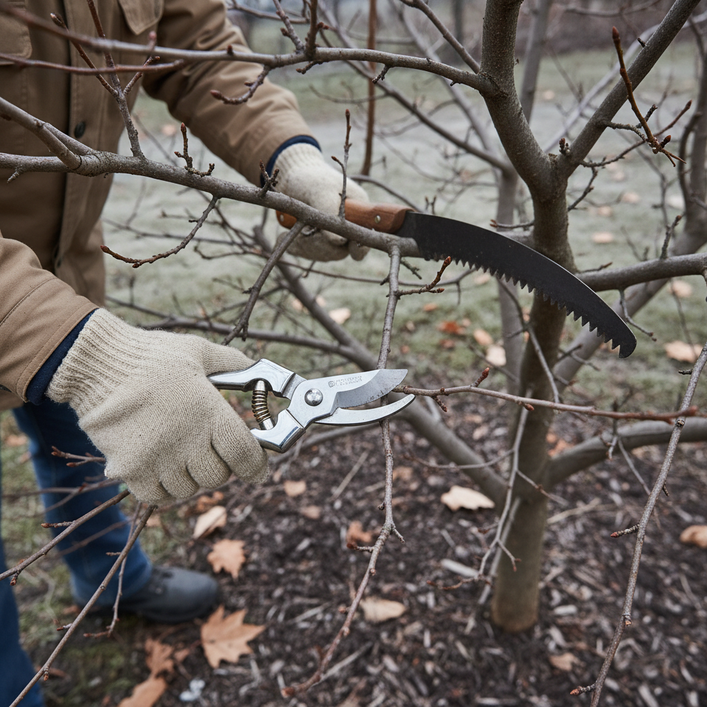 A person pruning a dormant tree in late winter with loppers, focusing on proper timing for tree health.