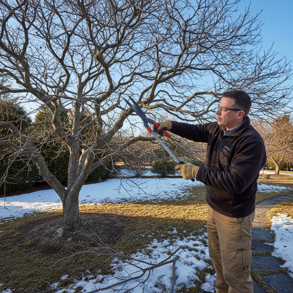 Homeowner pruning a dormant deciduous tree in late winter with bypass loppers.