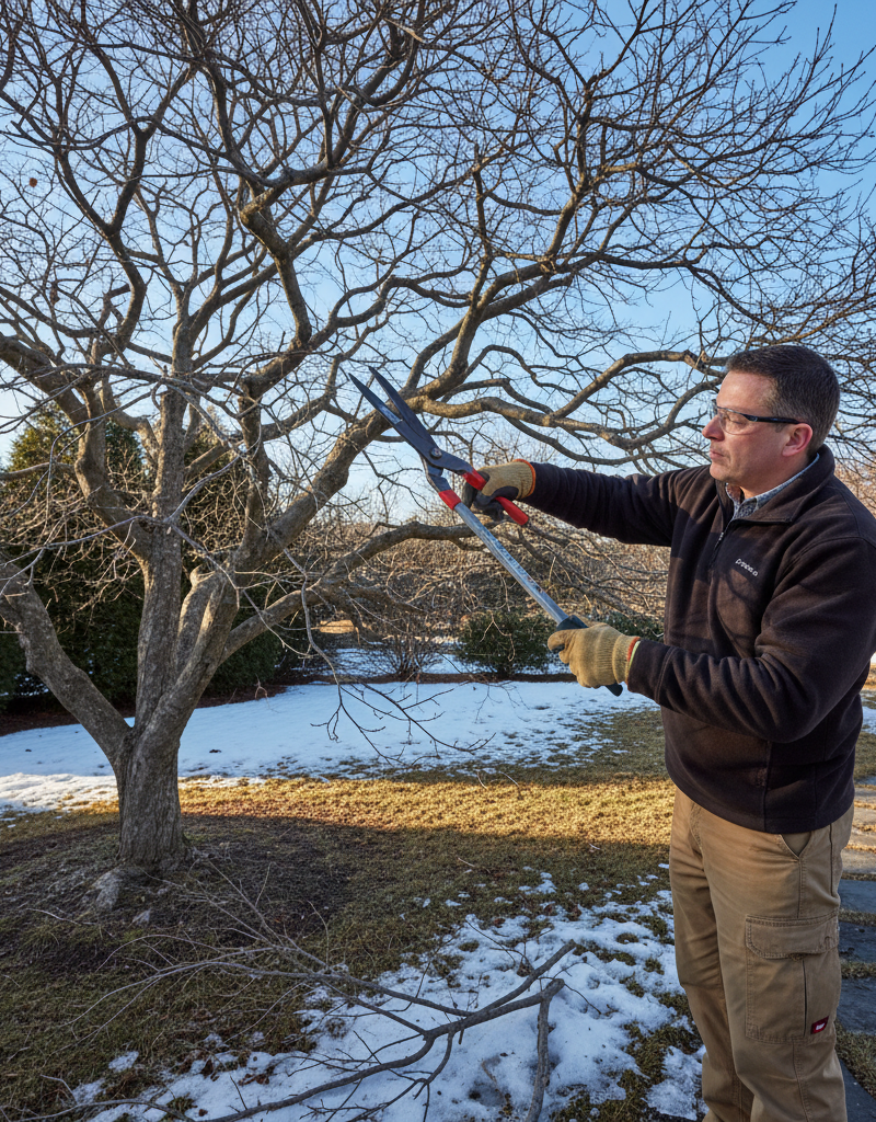 Homeowner pruning a dormant deciduous tree in late winter with bypass loppers.