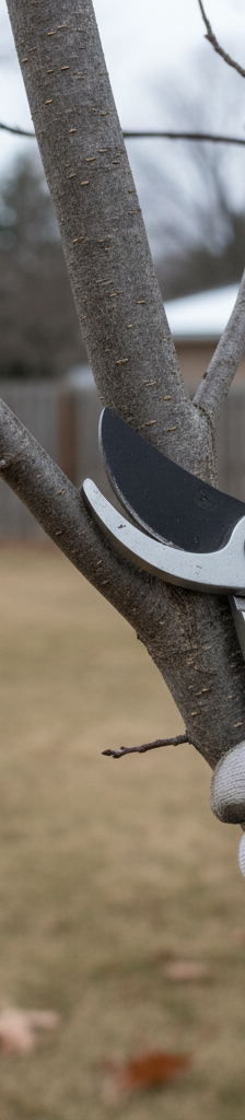 Homeowner correctly pruning a deciduous tree branch in late winter, focusing on the branch collar for a clean cut.