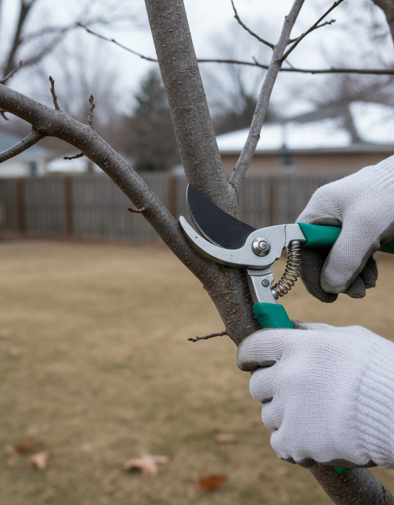 Homeowner correctly pruning a deciduous tree branch in late winter, focusing on the branch collar for a clean cut.