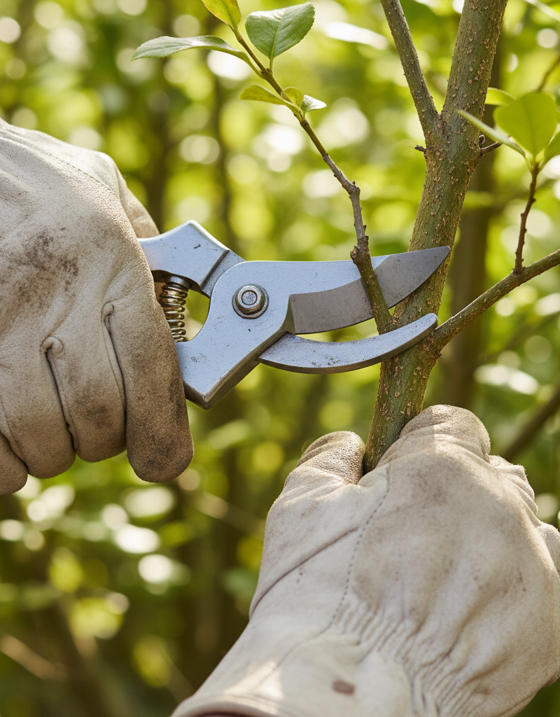 Gloved hands using bypass pruners to make a clean cut on a shrub branch, demonstrating proper pruning.