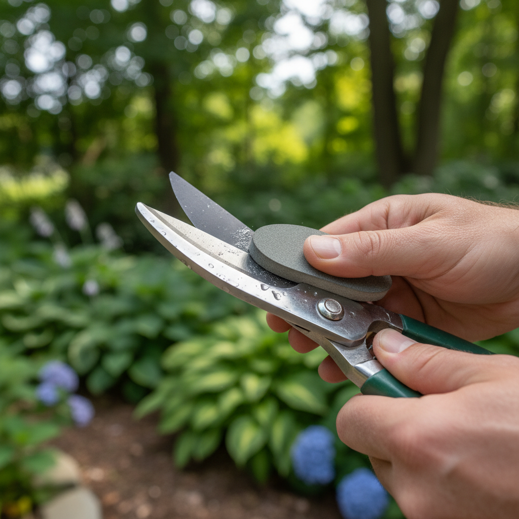 Close-up of hands sharpening bypass pruning shears with a stone, ensuring clean cuts for healthy plants.