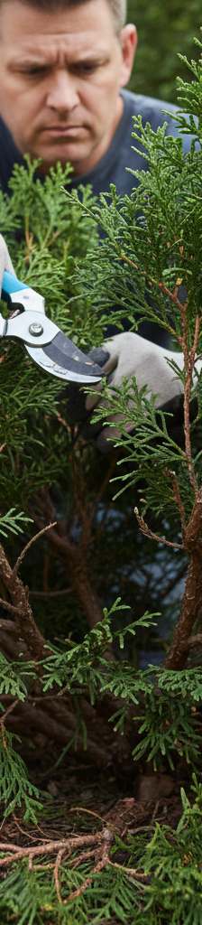 Homeowner using bypass pruners to thin out an overgrown shrub's interior for healthy growth