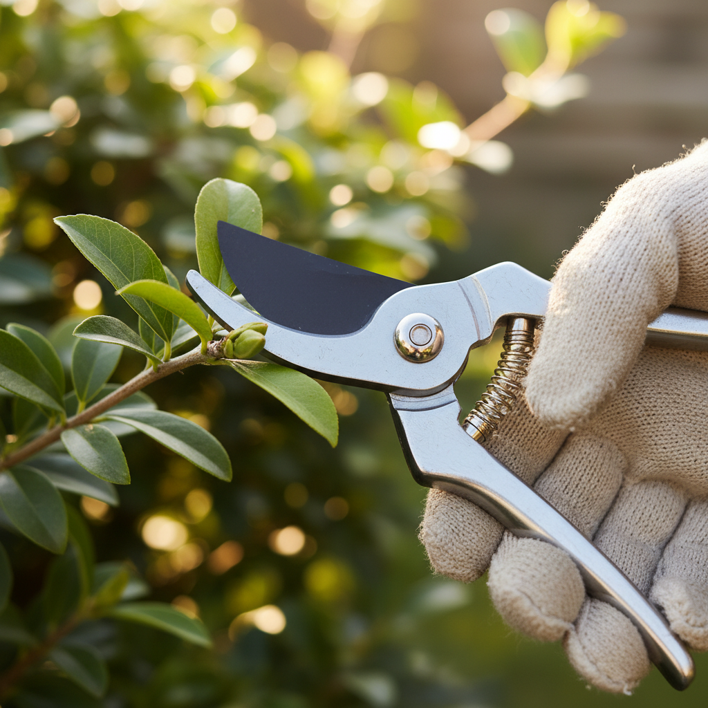 Homeowner demonstrating proper shrub pruning technique, cutting above a bud.