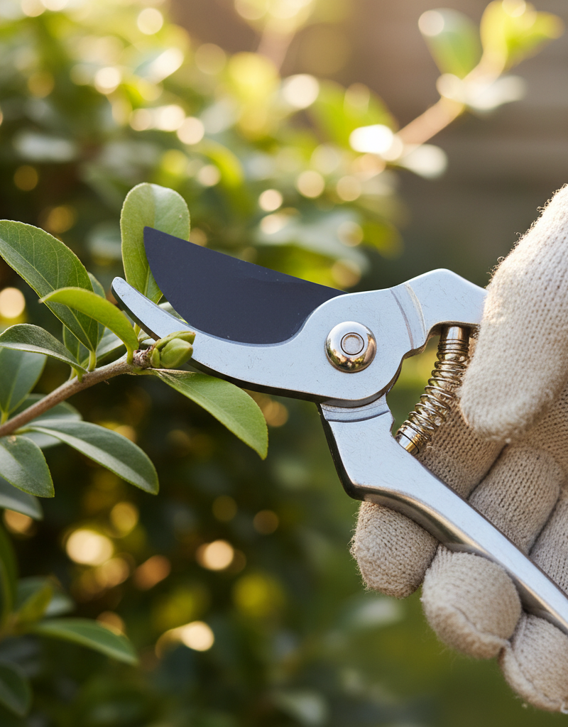 Homeowner demonstrating proper shrub pruning technique, cutting above a bud.
