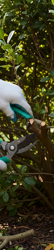 Homeowner demonstrating proper shrub pruning with thinning cuts to open the canopy for healthy growth.