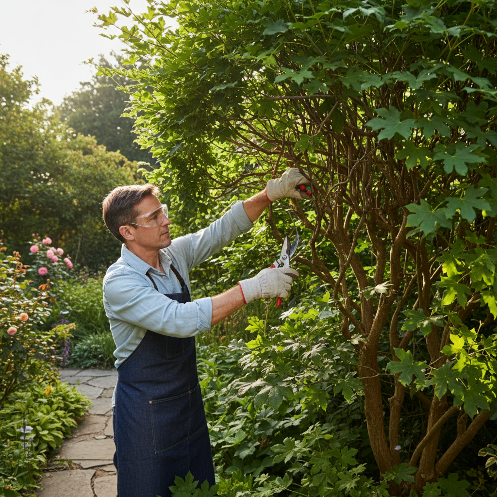 Homeowner making a thinning cut on an overgrown shrub with hand pruners, showing light inside the plant.