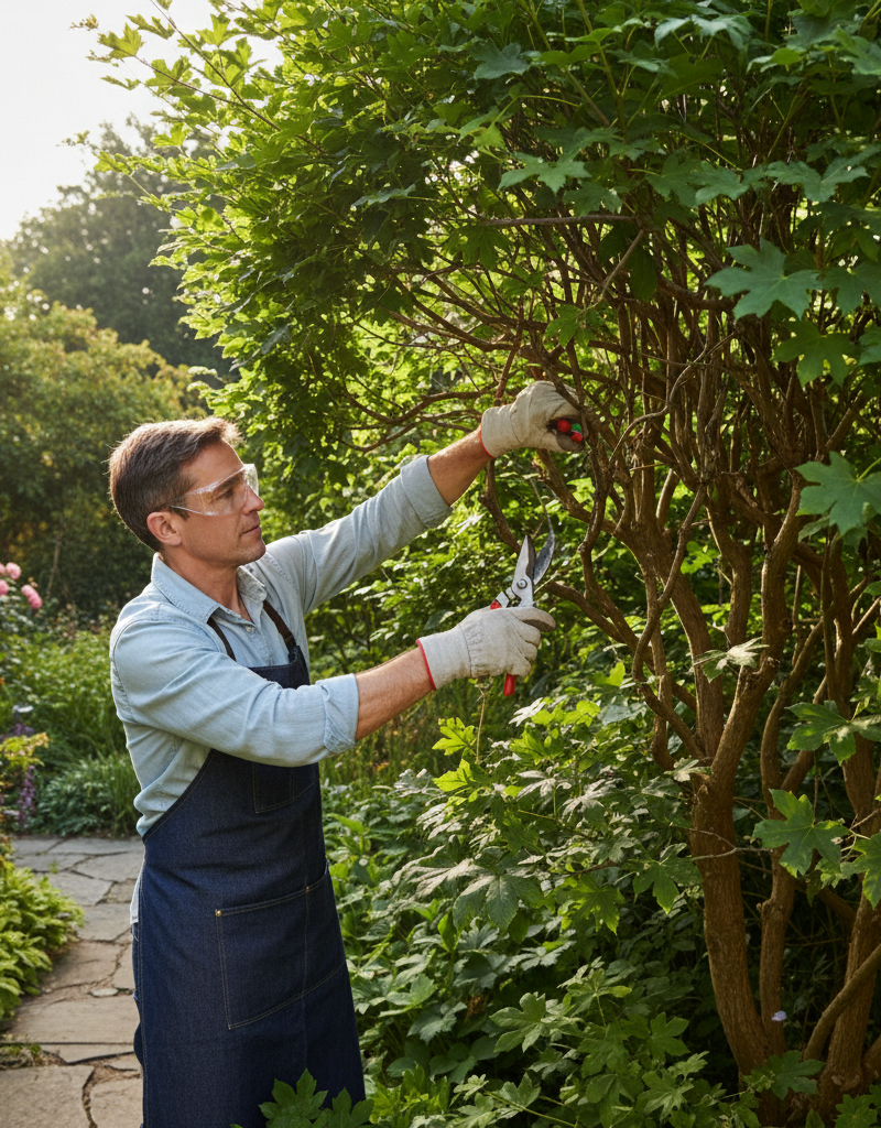 Homeowner making a thinning cut on an overgrown shrub with hand pruners, showing light inside the plant.