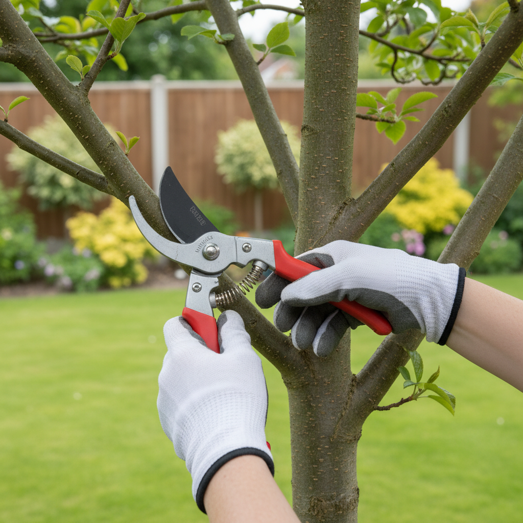 Homeowner making a precise pruning cut on a tree branch near the branch collar using bypass pruners.