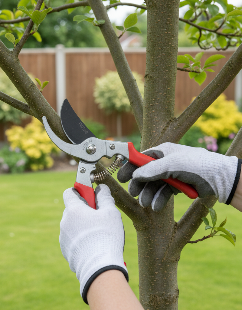 Homeowner making a precise pruning cut on a tree branch near the branch collar using bypass pruners.