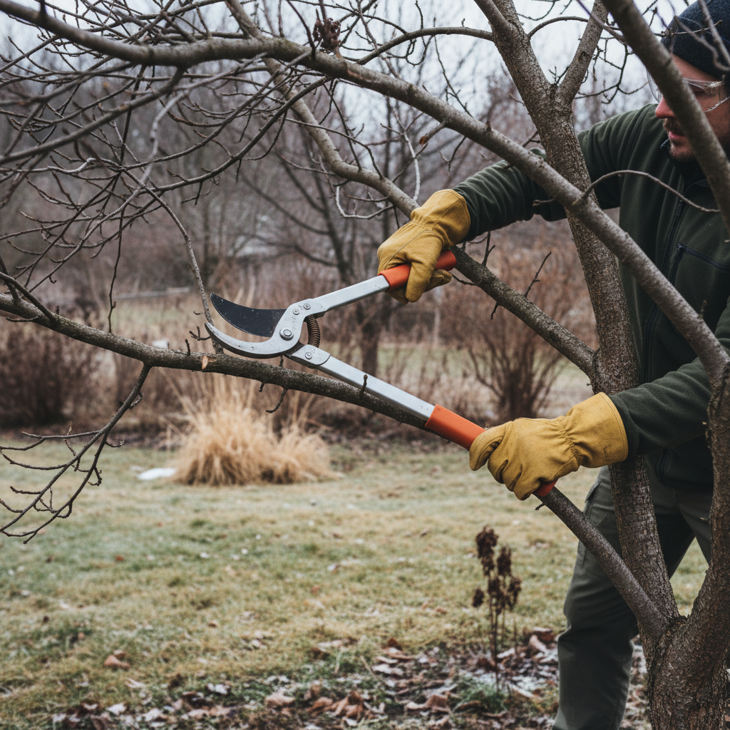 Homeowner safely pruning a tree in late winter with loppers