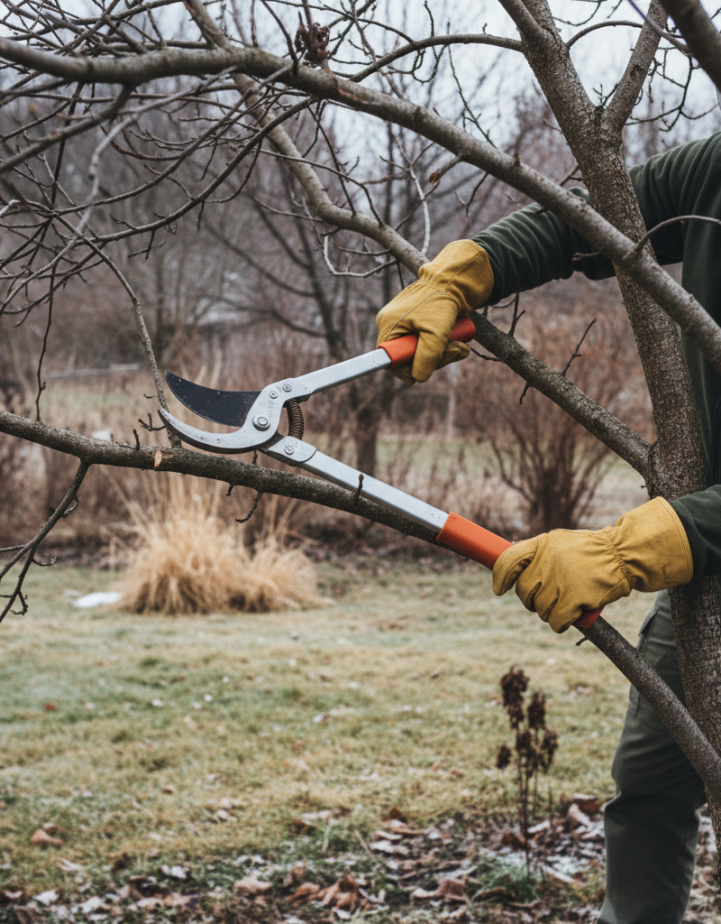 Homeowner safely pruning a tree in late winter with loppers