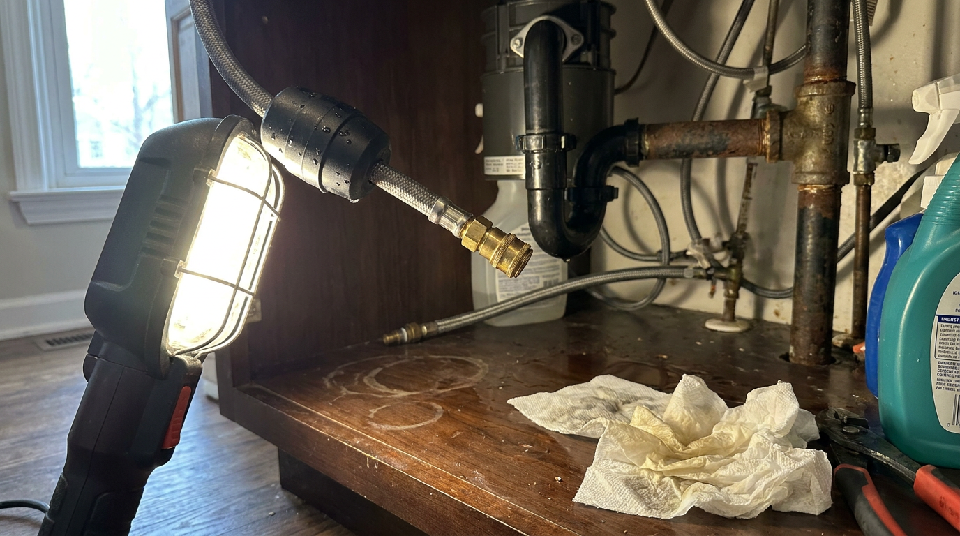 Flashlight illuminating a water leak from a braided pull-down kitchen faucet hose under a sink