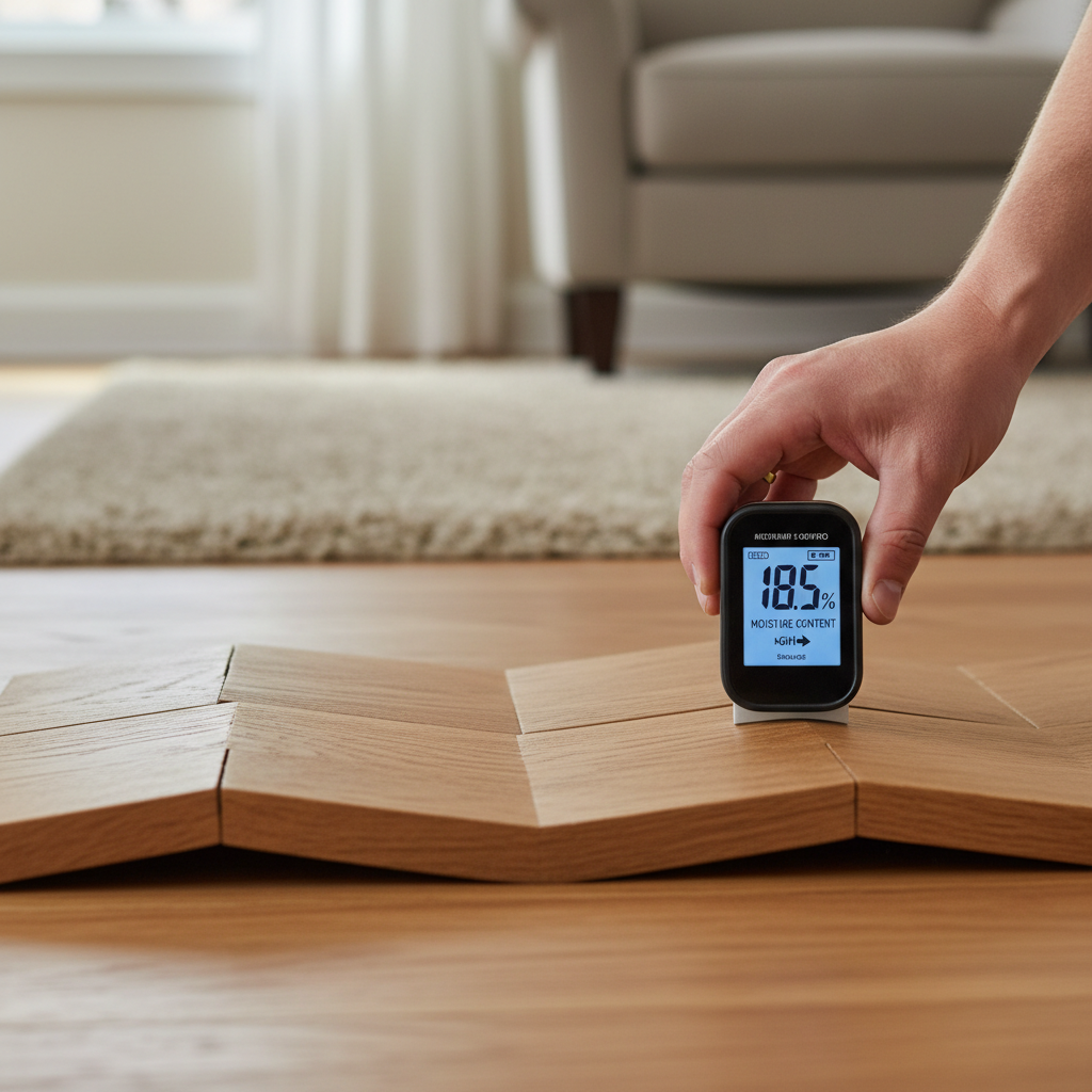 Close-up of a hand using a pinless moisture meter on a visibly cupped hardwood floor, showing raised edges and uneven planks.