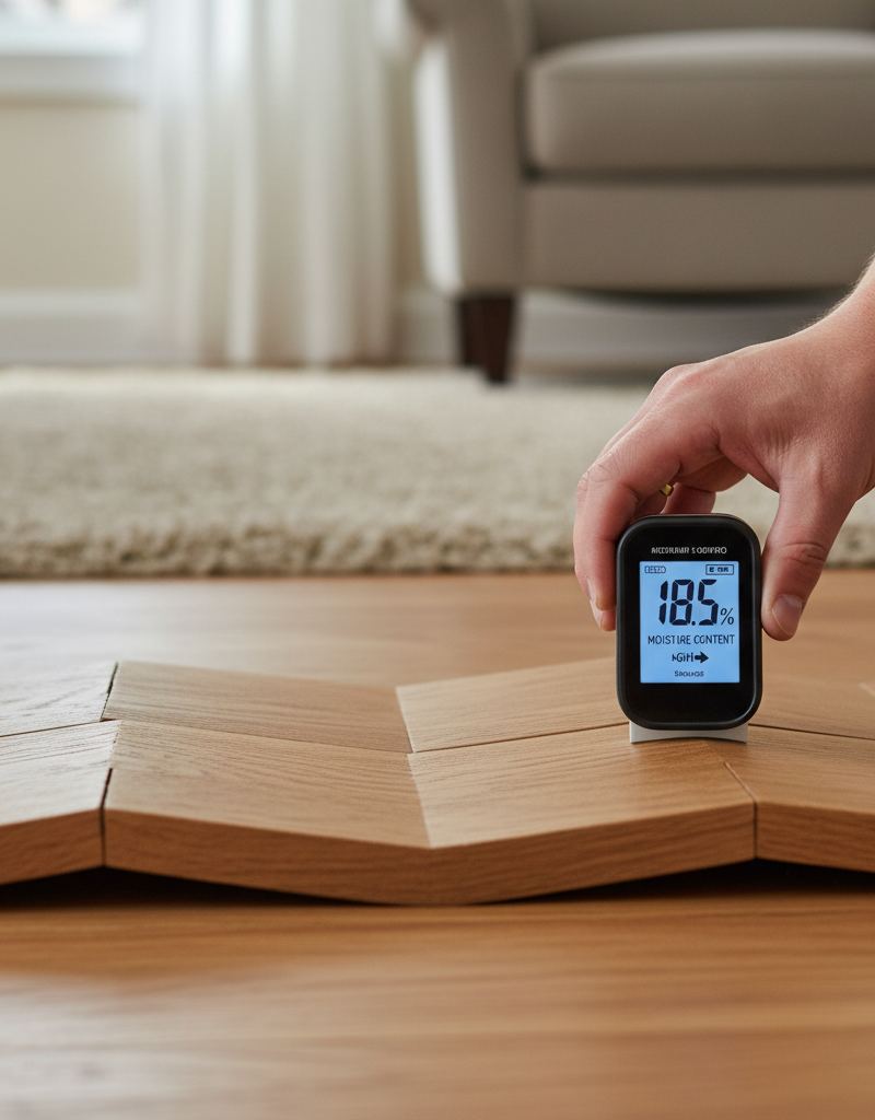 Close-up of a hand using a pinless moisture meter on a visibly cupped hardwood floor, showing raised edges and uneven planks.